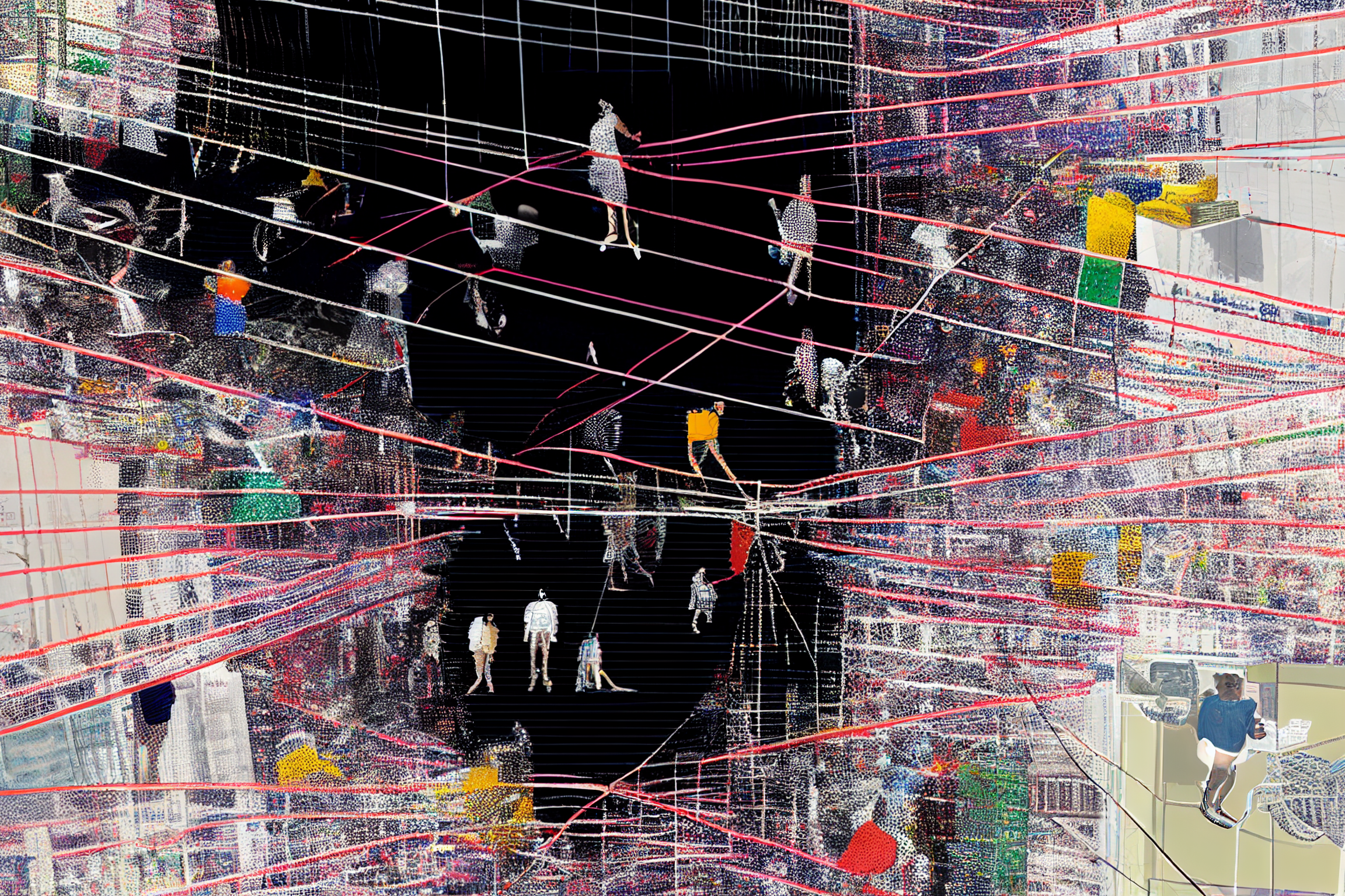 Midjourney-generated image of people in open space connected by wires and many colors chaotically