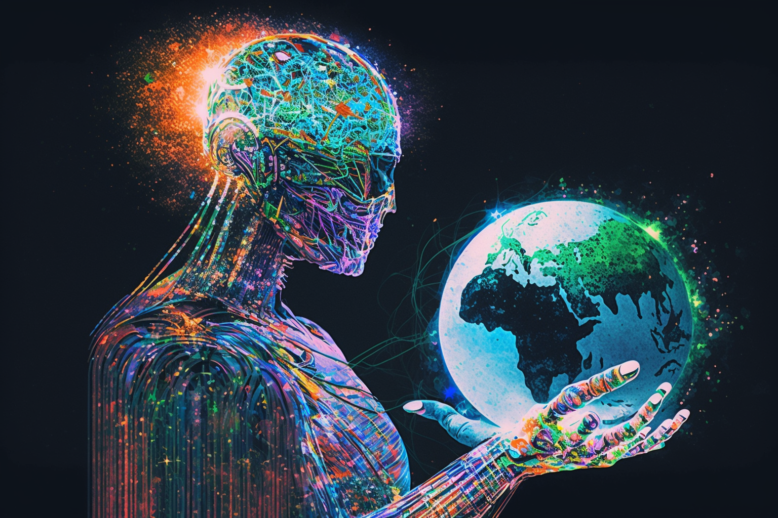 Midjourney-generated image of massive AI holding the world in the palm of its hand