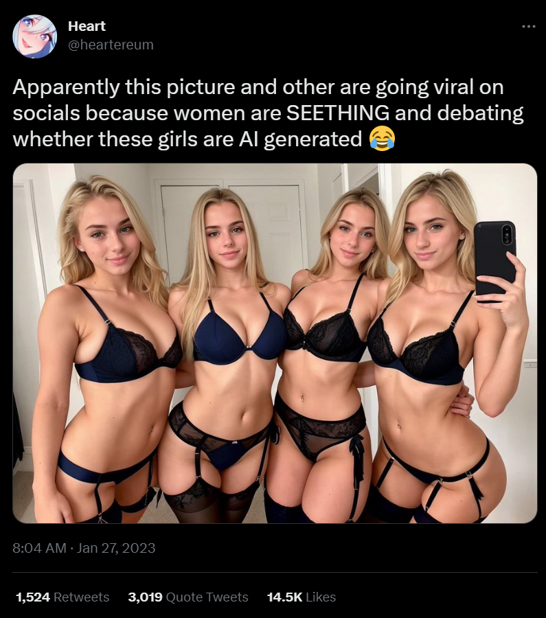 Tweet depicting 4 similar AI-generated women